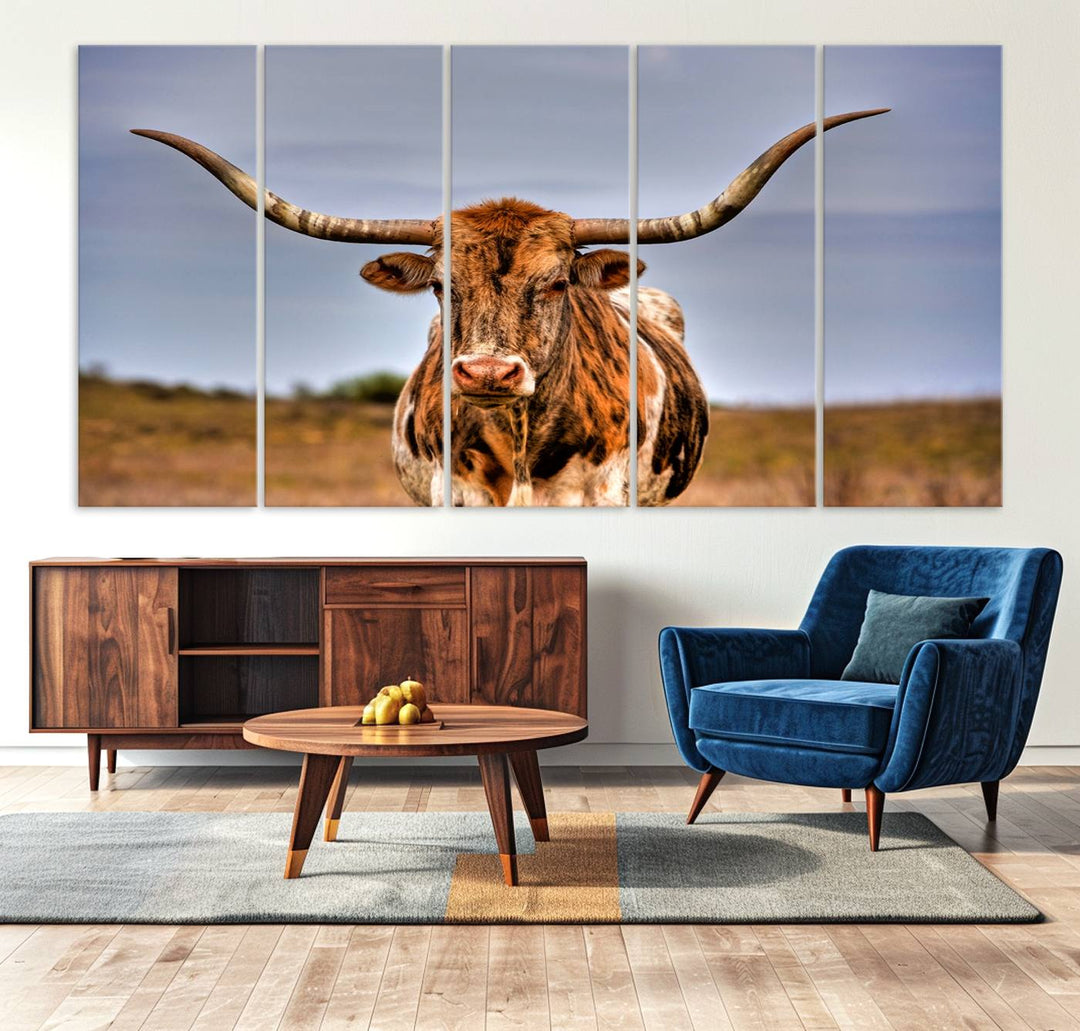 The Texas Longhorn Wall Art Print is displayed in a stylish living room.