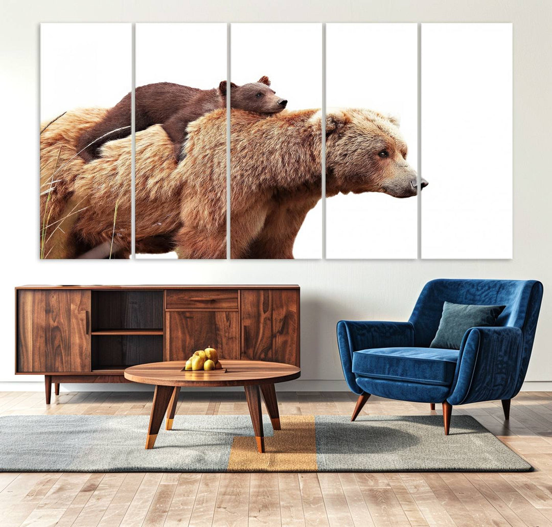 Mother and Baby Bear canvas: an adorable wildlife print displayed on a dark green wall.