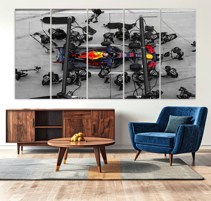 Red Bull Formula 1 Canvas Wall Art Print: An aerial view of a Formula 1 pit stop featuring a Red Bull car on premium canvas.