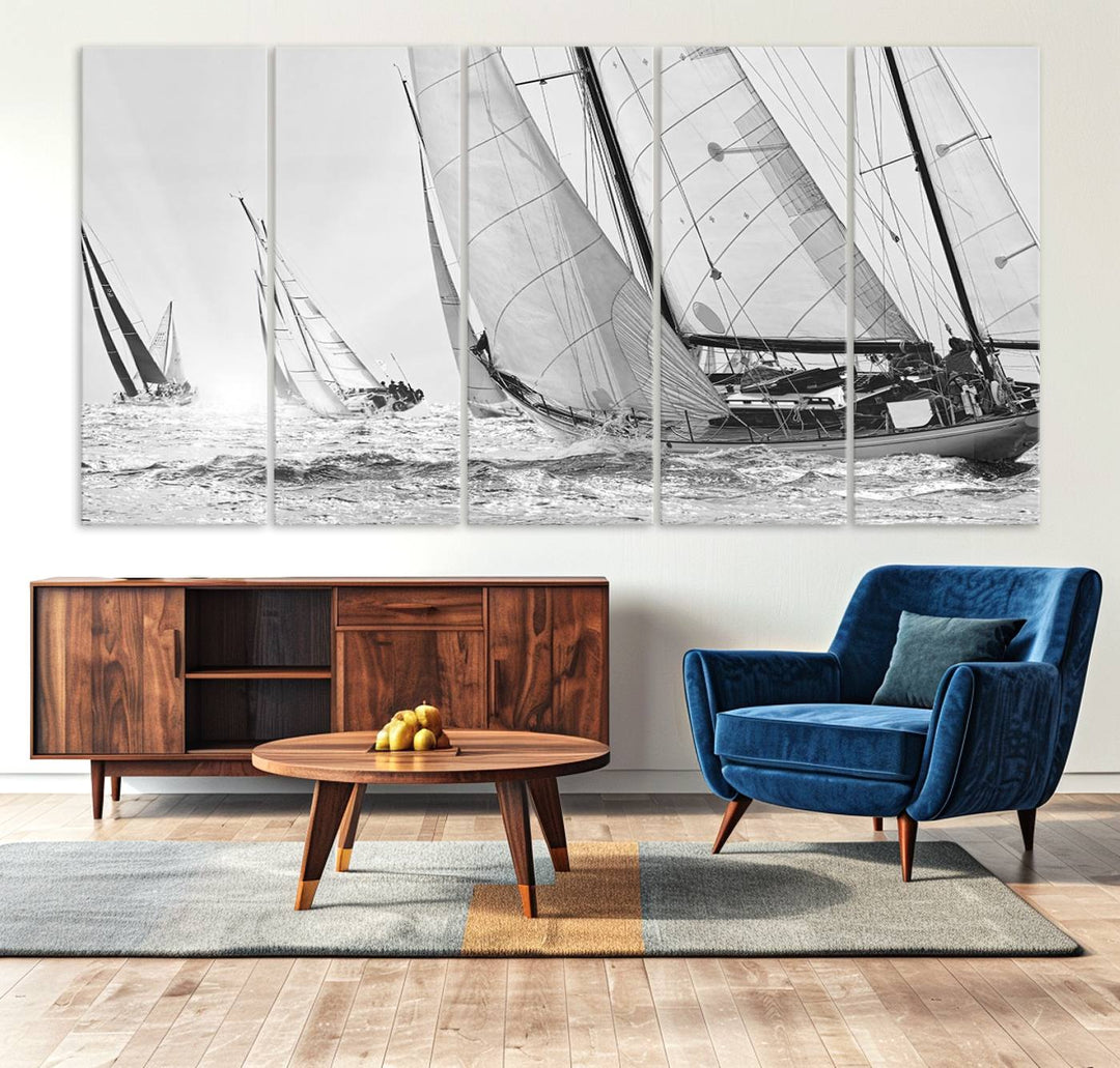 Yacht Sailboat Regatta canvas print on a textured wooden wall.