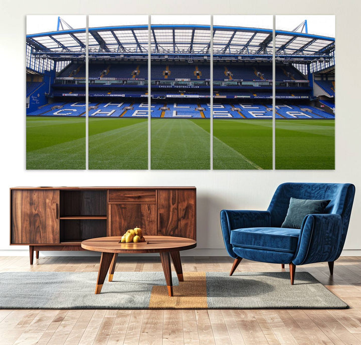 The wall art features a Chelsea FC Stamford Bridge Stadium canvas print.