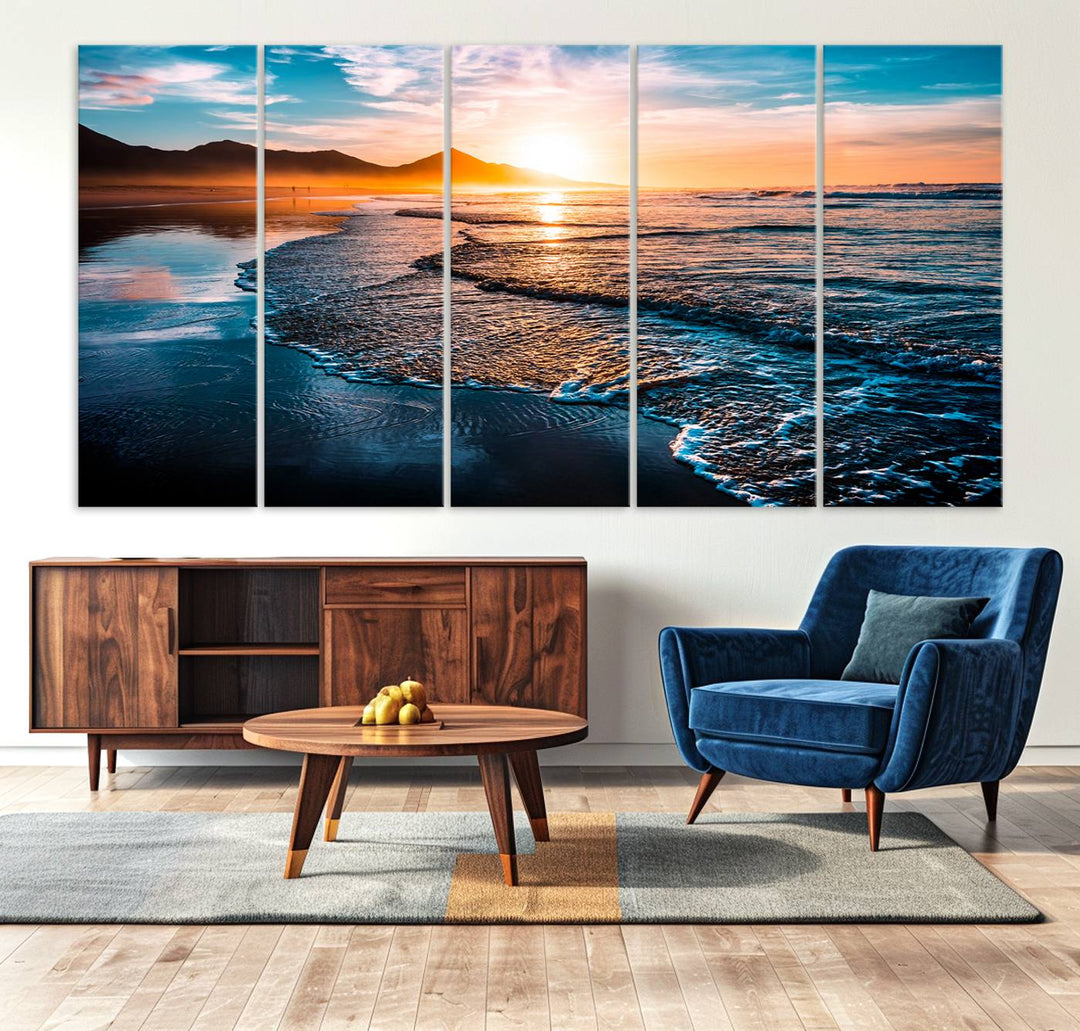 The Sunset Beach Ocean Canvas Wall Art – Tranquil Reflections at Dusk enhances the ambiance with its captivating depiction of serene ocean views at dusk.