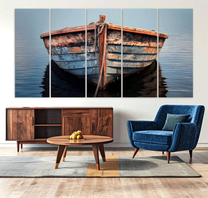 Stunning vintage boat canvas print featuring a calm water scene.