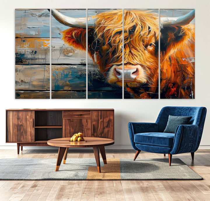 The dining room features Highland Cow Abstract Canvas Wall Art in a farmhouse rustic decor style.