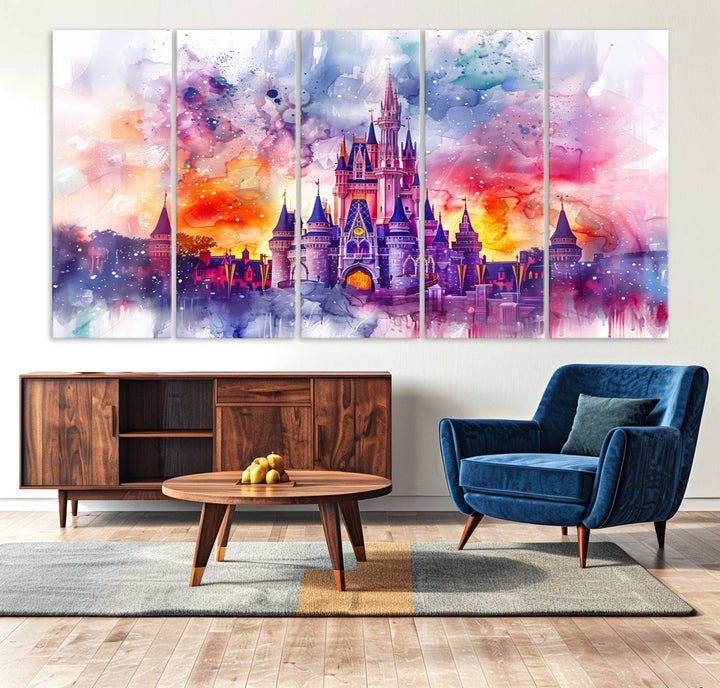 The watercolor Disney Wall Art showcases Cinderellas Castle in pink, purple, and orange hues.