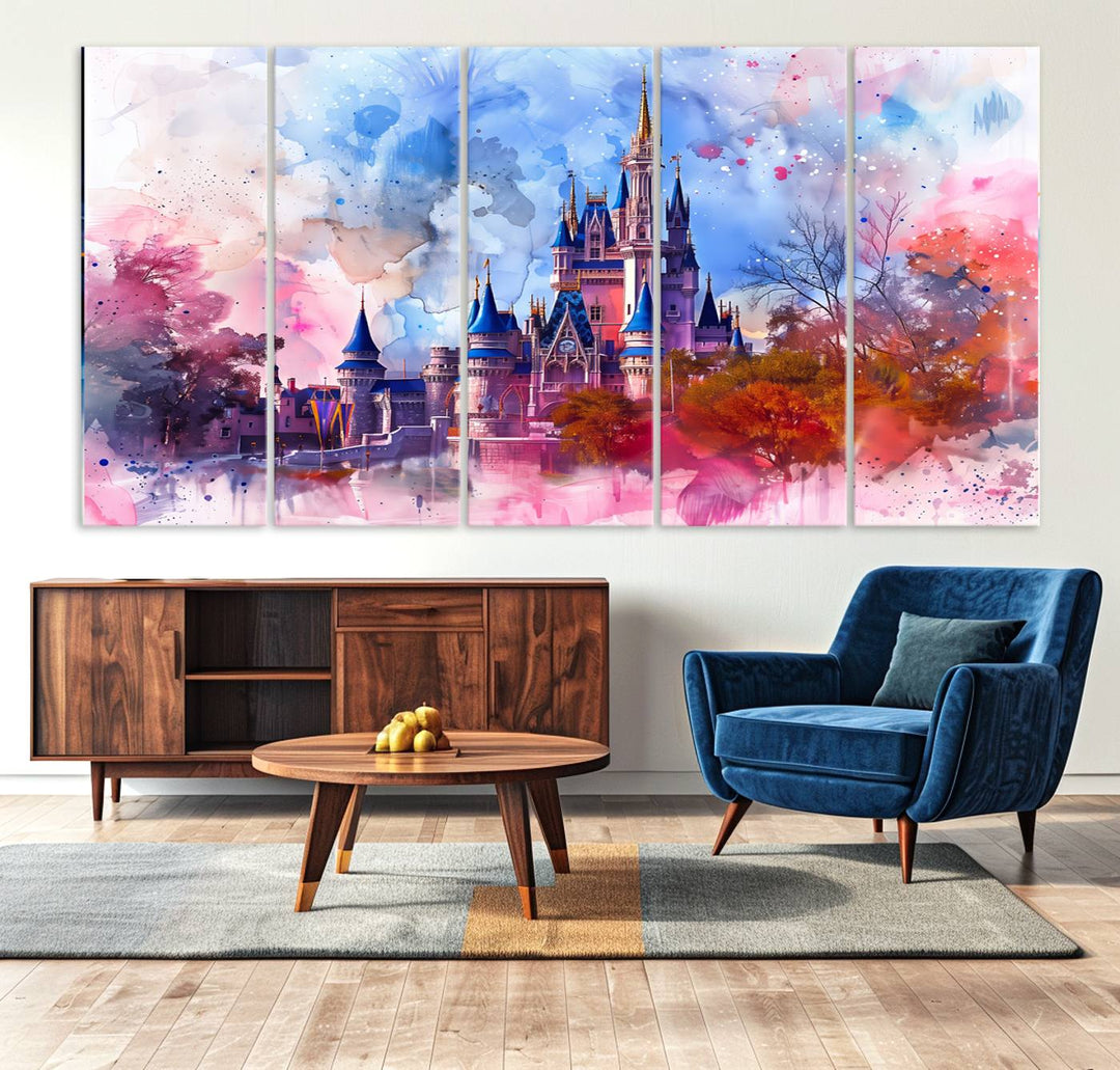 A Disney Wall Art: Dreamy Watercolor Cinderella Castle Canvas Print hangs prominently.