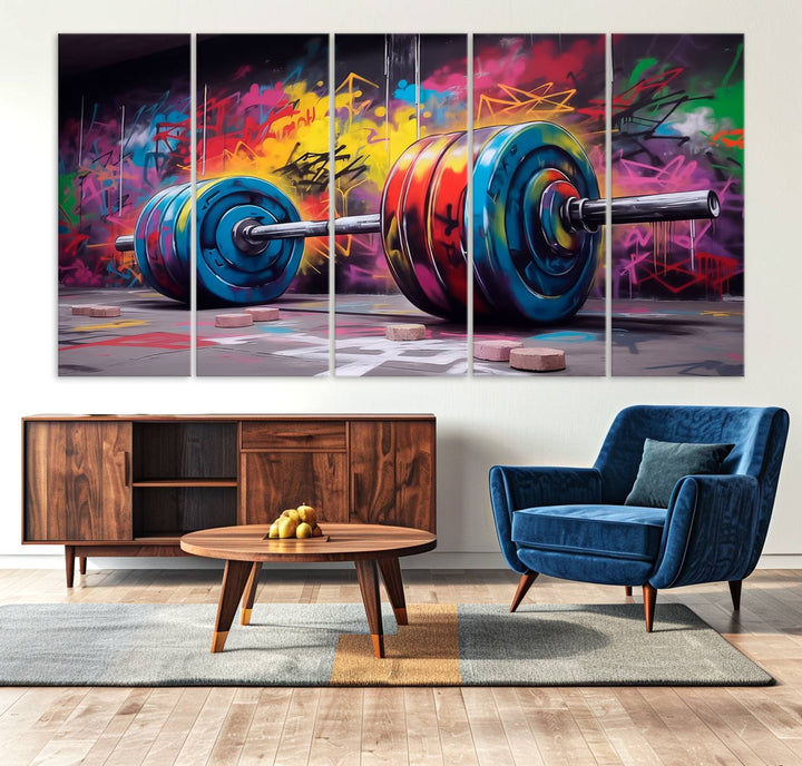 The Abstract Graffiti Barbell Canvas Wall Art is displayed on a porch.