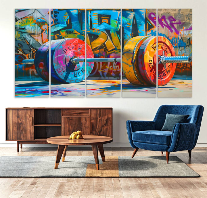 A Fitness Gym Barbell Graffiti Wall Art Canvas Print is displayed.