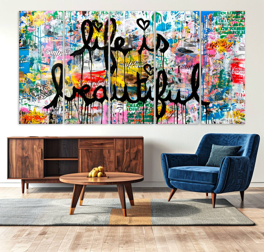 The Life Beautiful graffiti style canvas print is showcased in black script.