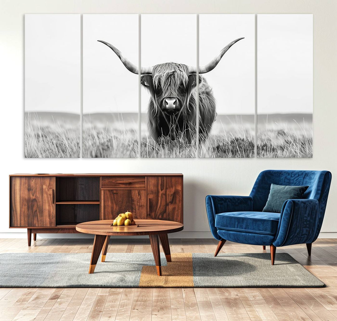 The Majestic Beauty canvas of a Highland cow adds elegance to the white walls as it hangs prominently.