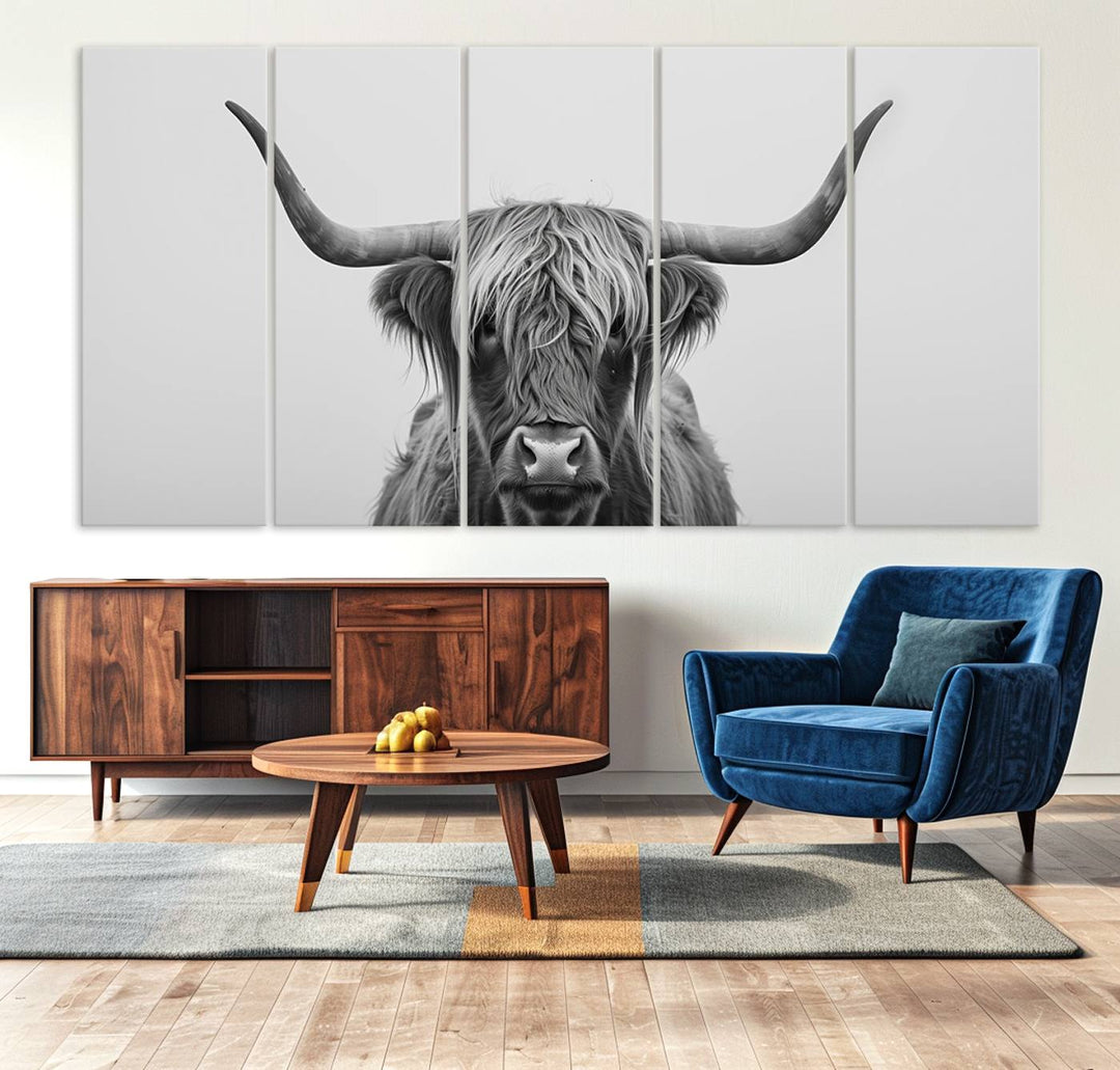 The Farmhouse Longhorn Wall Art Canvas Print adds rustic charm.