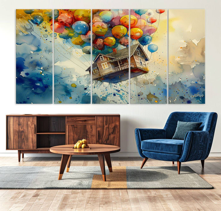 UP-Inspired Floating House with Balloons Triptych Canvas Art – Colorful 3-Panel Wall Decor for Living Room, Office, or Nursery