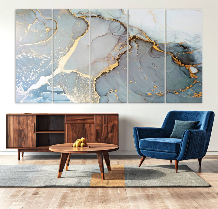 A blue and gold marbled Large Abstract Marble Wall Art Canvas Print hangs overhead.