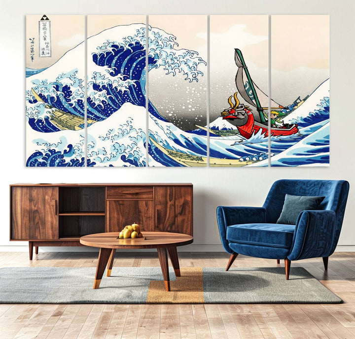 The Katsushika Hokusai Kanagawa Giant Wave Canvas print captures a vibrant sailing scene.