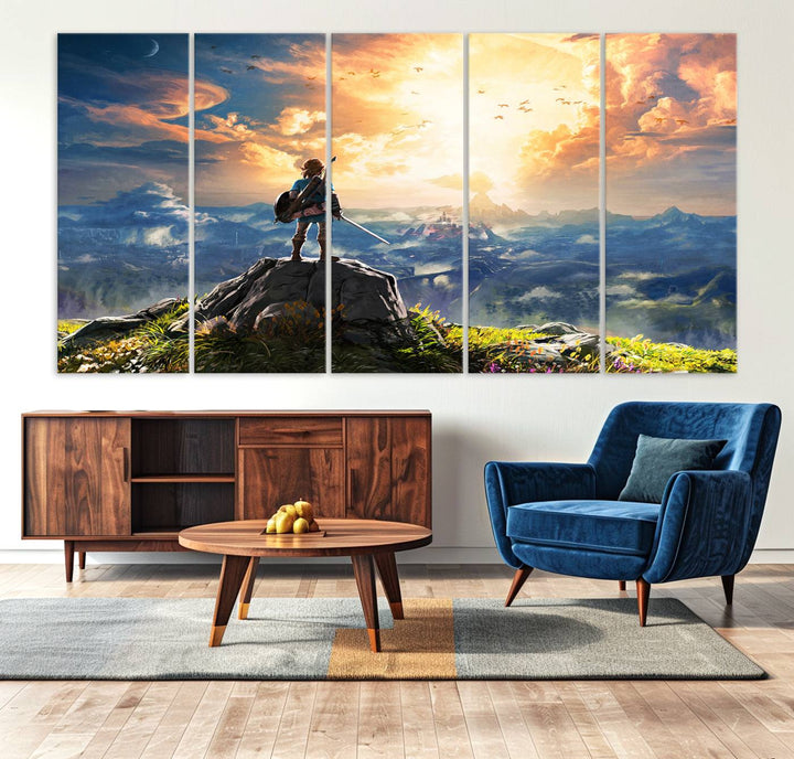 A vibrant Legend of Zelda Breath of the Wild canvas print depicts a figure standing on a rock with mountains and sky in the background.