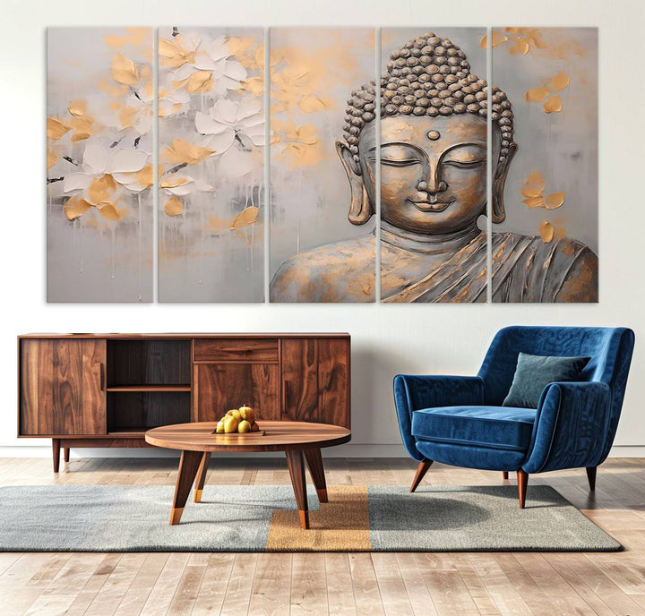 The serene dining room features Abstract Buddha Statue Wall Art.