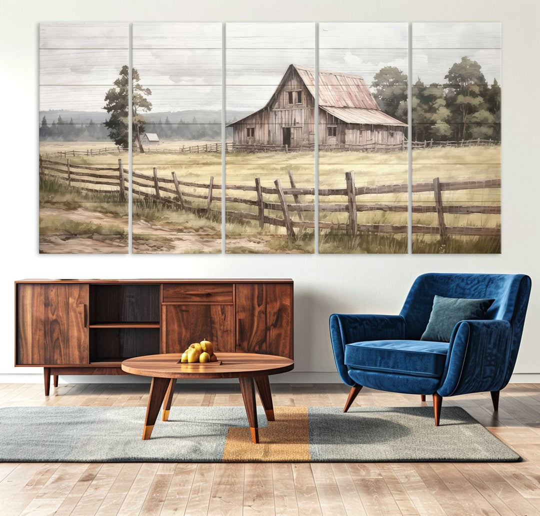 The wall is adorned with a Rustic Farmhouse Barn Wall Art.