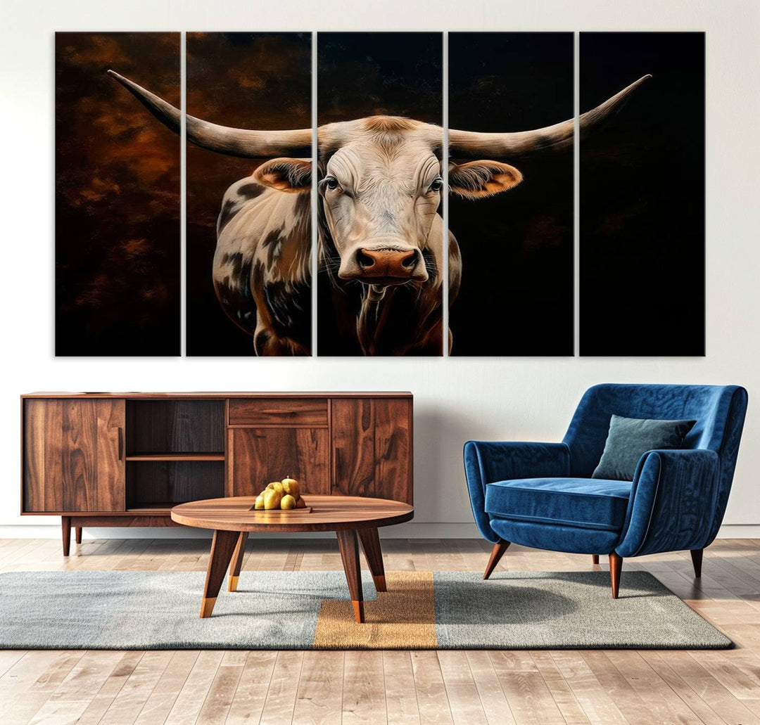 A large 3-panel Texas Longhorn canvas print dominates the space.