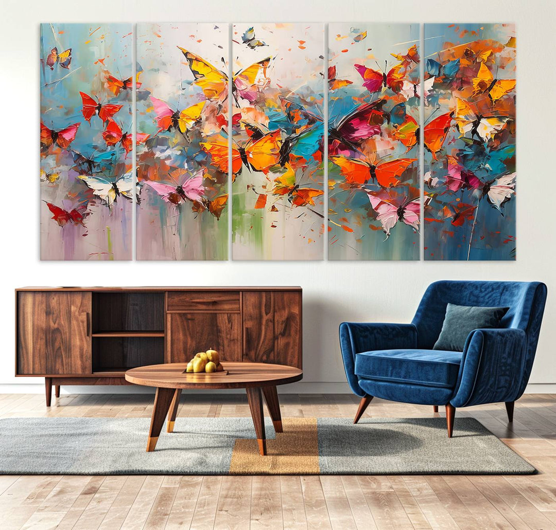 The Abstract Butterfly Wall Art Canvas Print hangs prominently, adding a touch of elegance and creativity to the room.