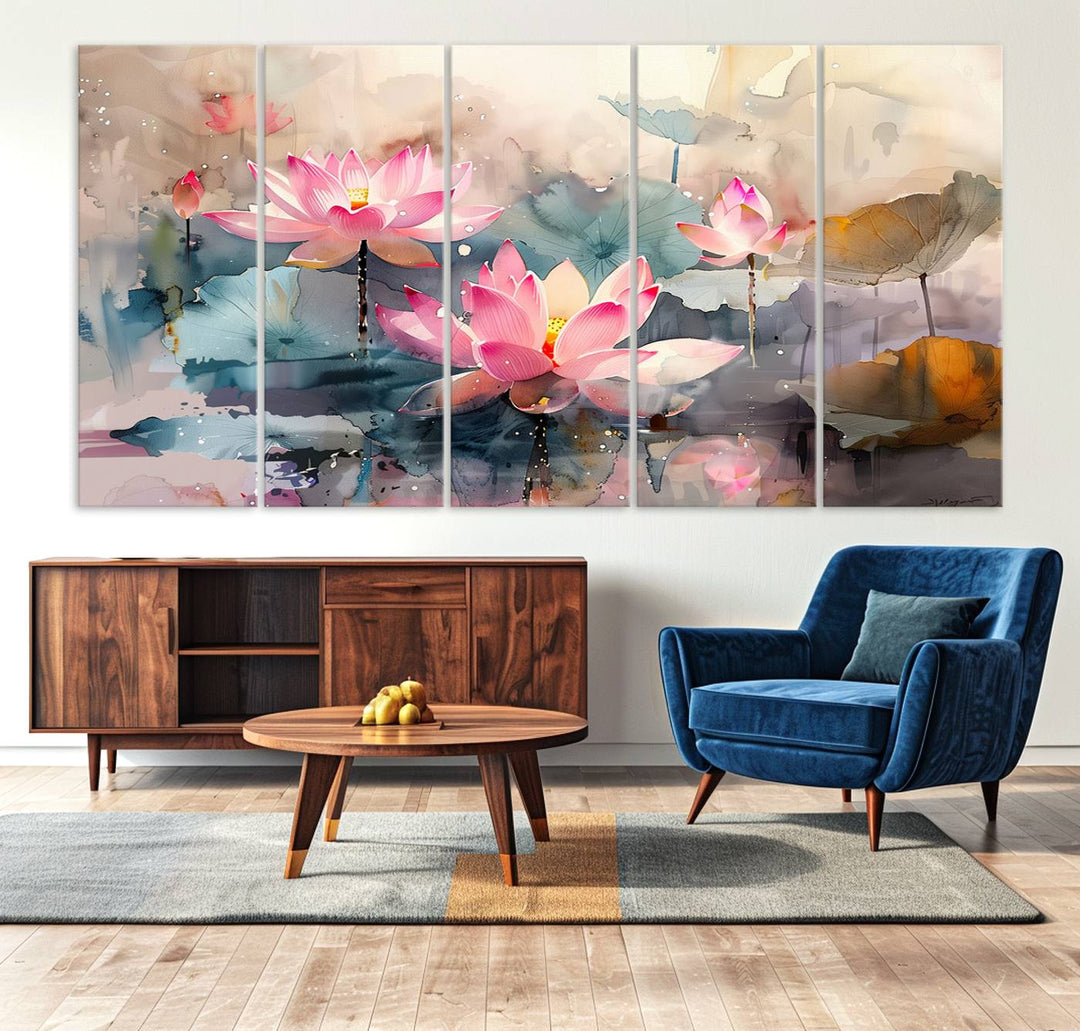 A pink lotus wall art adorns the space.