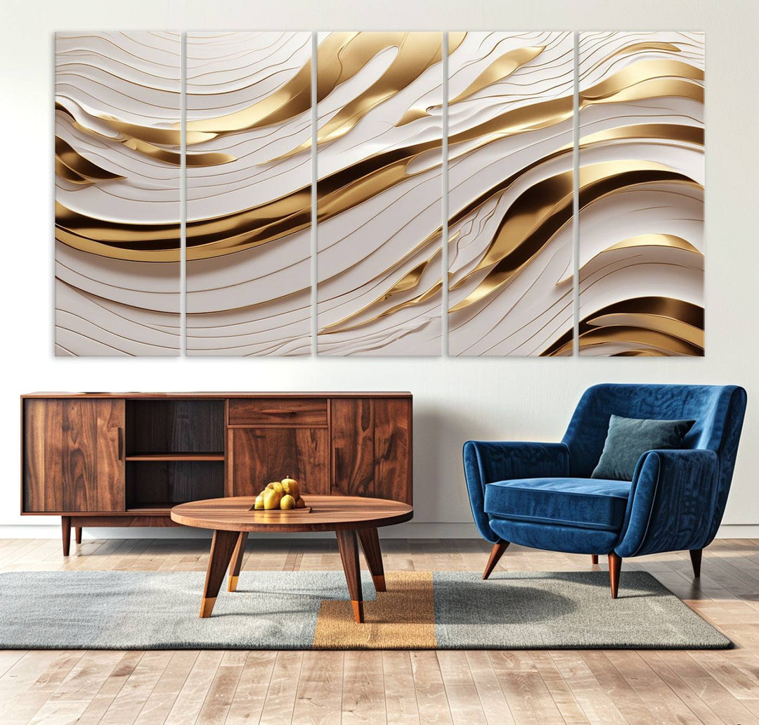 A Gold and White Abstract Wave Canvas with luxurious golden accents.