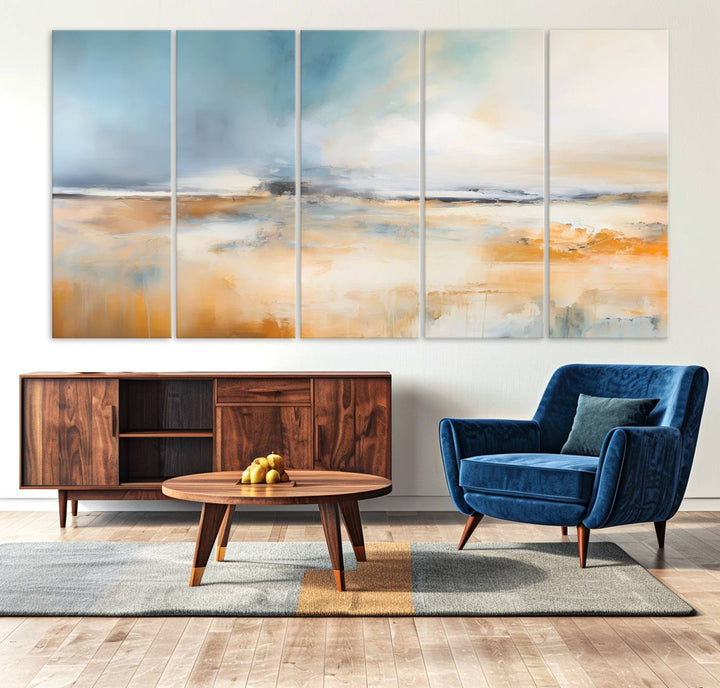 Abstract Landscape Wall Art in warm tones of orange and blue.