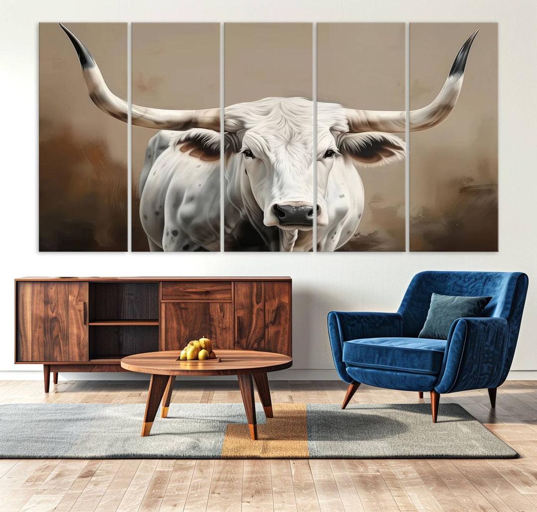 The kitchen features a striking canvas print of a Longhorn Bull.