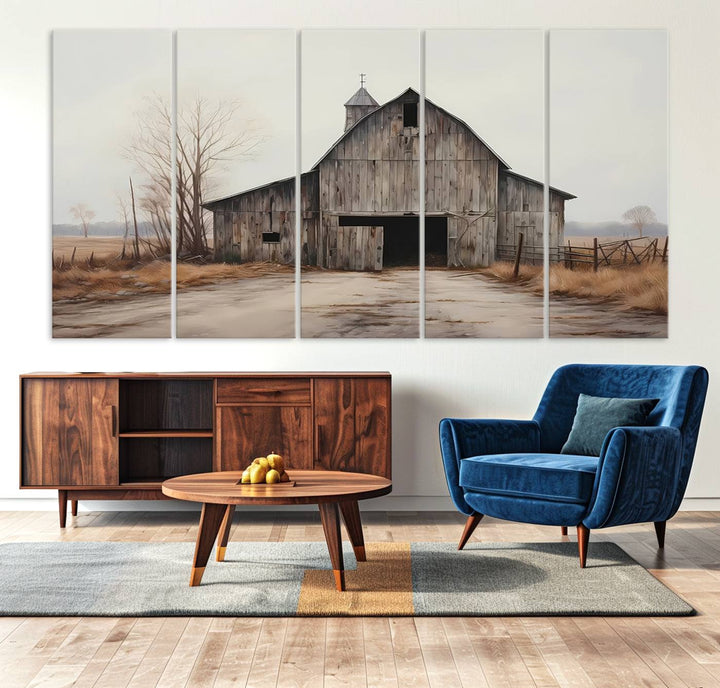 The Farmhouse Rustic Barn Wall Art Canvas Print, framed and ready to hang, enhances the farmhouse décor.