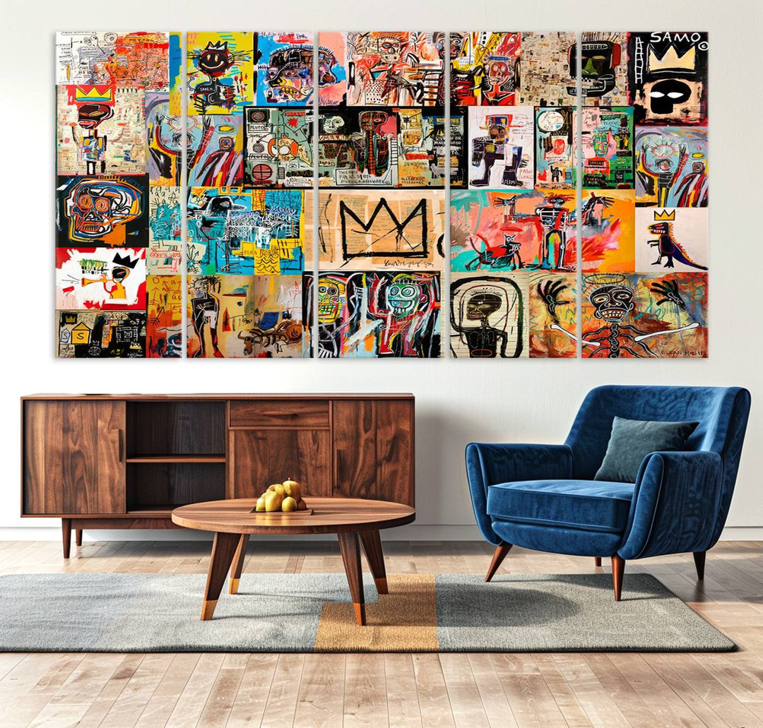 A Basquiat graffiti-style collage adorns the wall.