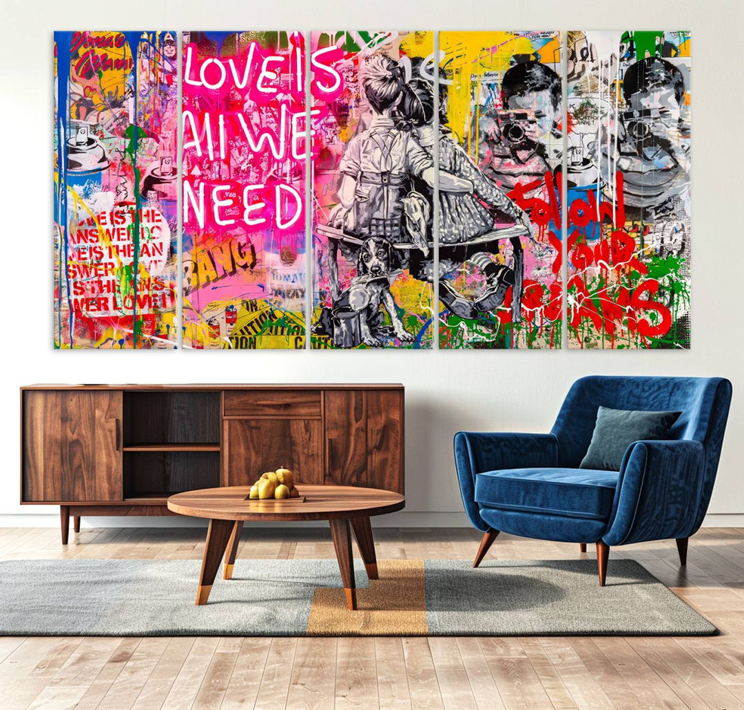 A vibrant and dynamic triptych features distorted horizontal lines, resembling graffiti street art. This artwork conveys the themes of "Follow Your Dreams" and "Love is All We Need" across three colorful panels.