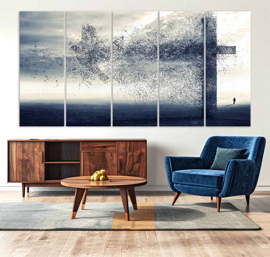 The Jesus and the Fading Cross wall art portrays a moody landscape.