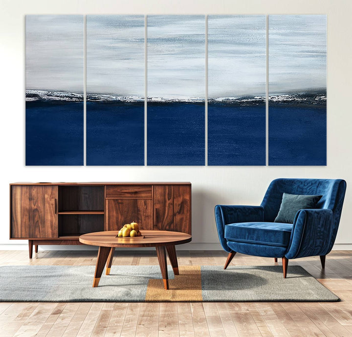 A Navy Blue Abstract Wall Art Canvas Print is displayed above the backsplash.