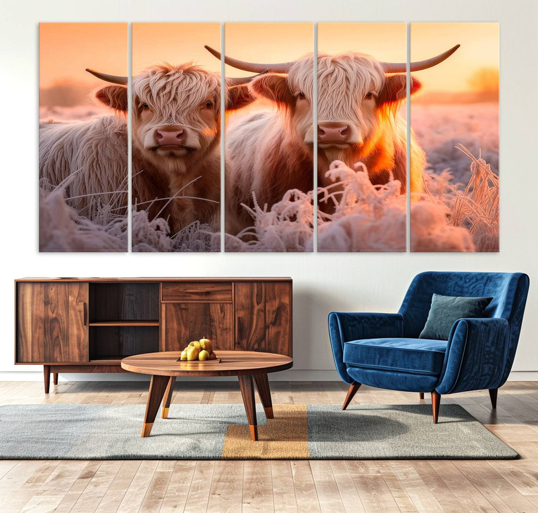 Highland Cows at Sunrise Wall Art adds serene rustic farmhouse charm.