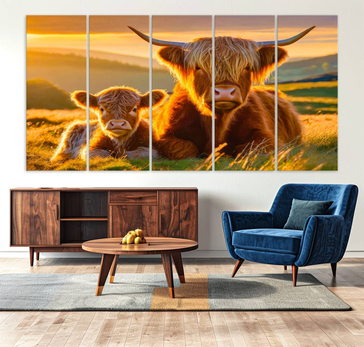 The Scottish Cow and Baby Cow Canvas Wall Art captures sunset fields.