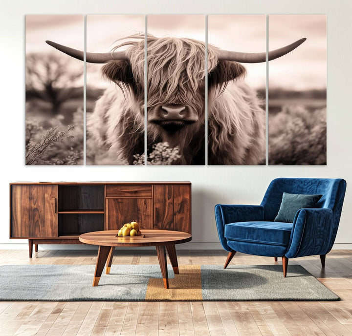 The Scottish Cow Longhorn Wall Art Canvas Print adds charm to the kitchen.