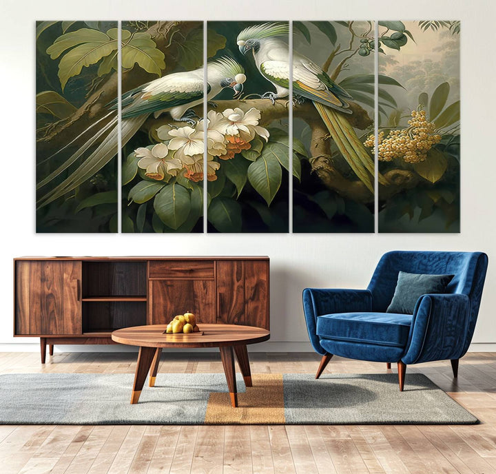 The Tropical Paradise Wall Art features a parrot in a lush forest.