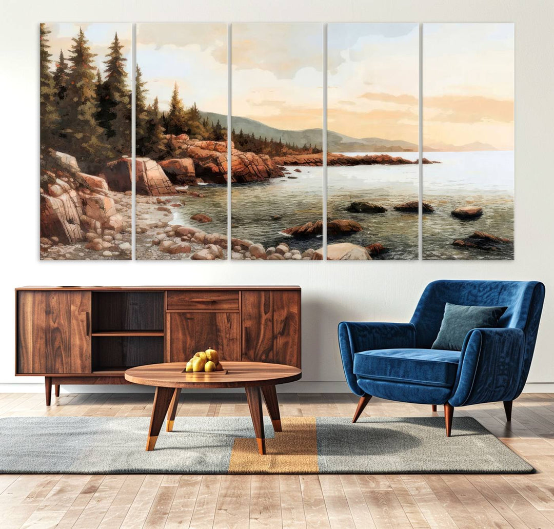 The Serene Coastal View of Acadia National Park 3-panel canvas, framed and ready to hang, adorns the wall.