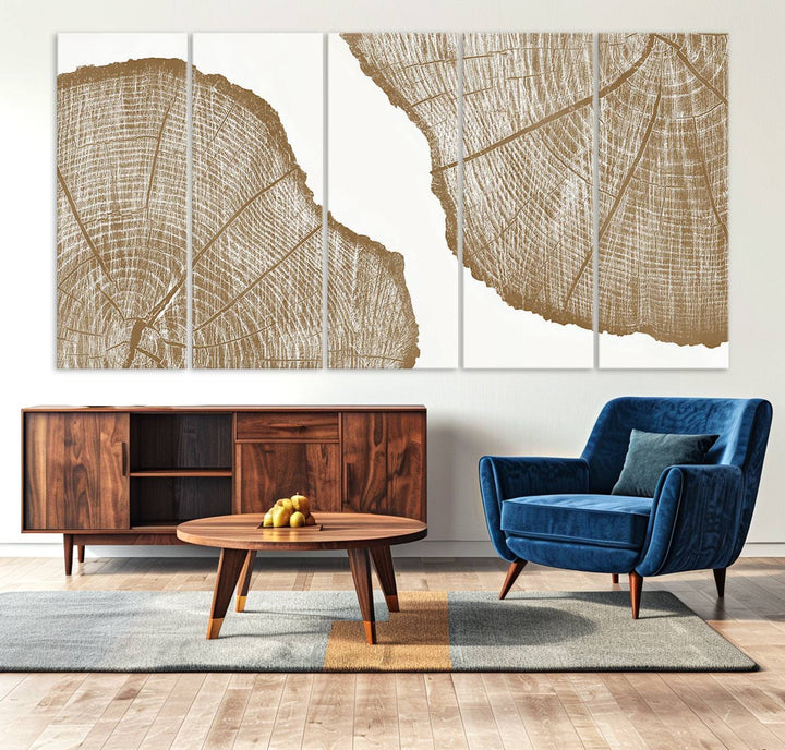 The rustic wall art features two large tree rings, beautifully framed and displayed to create a nature-inspired décor.