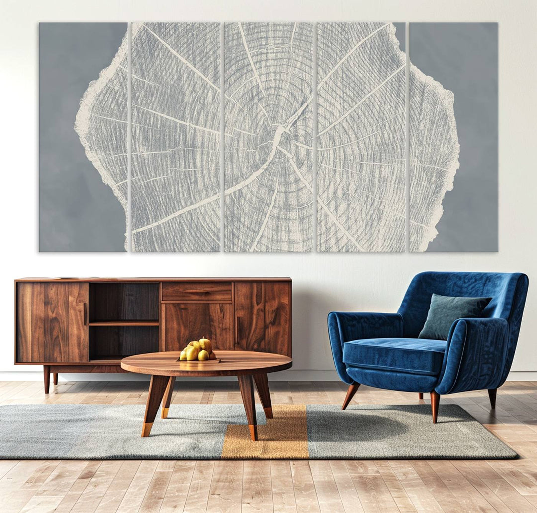 A gray wall displays the Abstract Tree Ring Wall Art print.