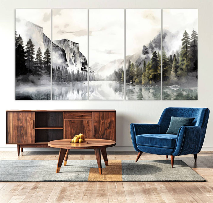 The Yosemite Valley Wall Art Canvas Print, a framed nature décor, is beautifully displayed.