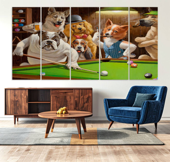 Dogs Playing Pool Canvas Wall Art: This artwork depicts a room where dogs are engaged in a game of pool. One dog is poised to cue while others observe the scene.