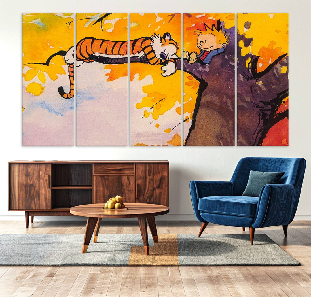 Premium canvas Calvin Wall Arts featuring a boy and tiger relaxing on a branch.