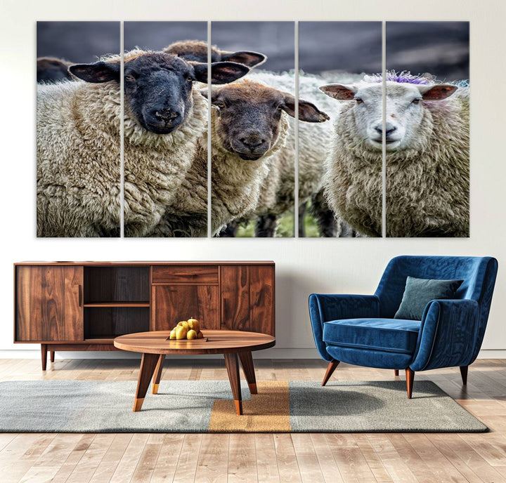 The Charming Sheep Portrait Wall Art hangs on a wooden wall.