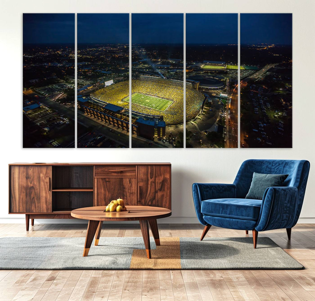 Aerial view of Michigan Stadium nightlife on canvas – Framed, ready-to-hang sports arena wall art.