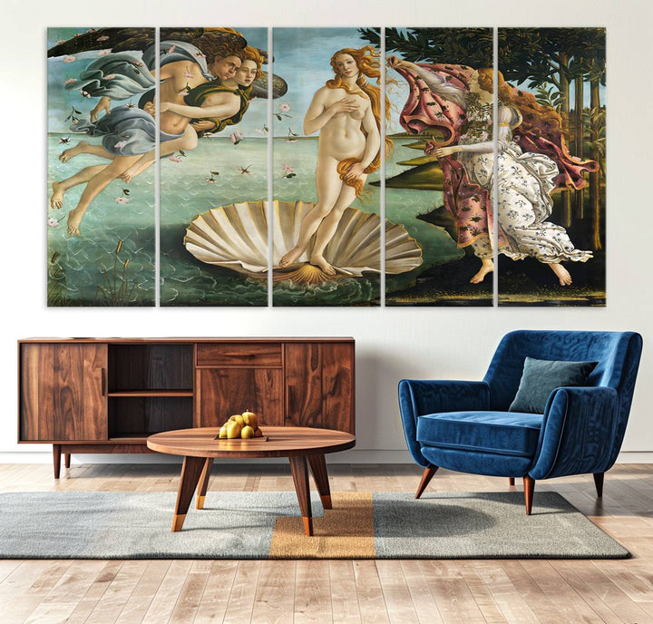 A canvas print of Botticellis The Birth of Venus is displayed on the wall.