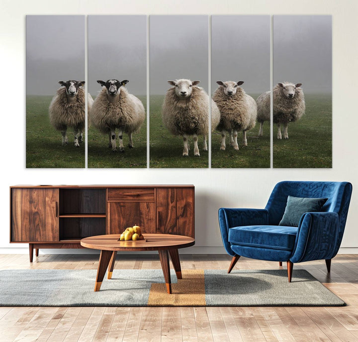 The Flock of Sheep in a Mystical Fog canvas print is framed and ready to hang.