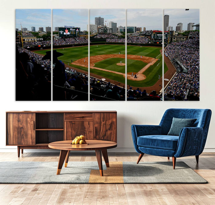 Admire this museum-quality canvas print of a Chicago Cubs game with a cityscape view from the stands at Wrigley Field.