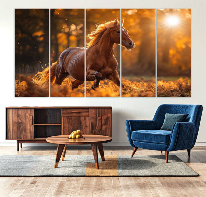 The Running Horse Sunset Forest Wall Art Canvas Print showcases a gallop in an autumn forest with sunlight streaming through the trees.