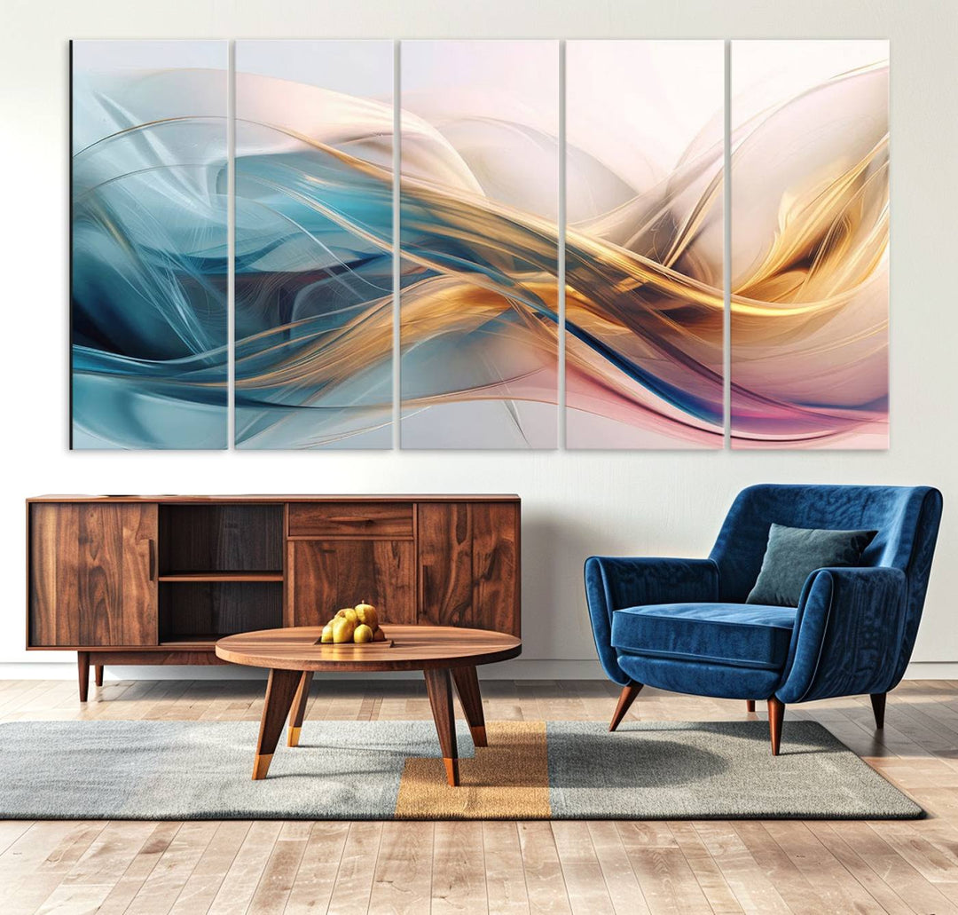 Abstract Flowing Colors Wall Art featuring blue, gold, and pink adds modern elegance to the space.