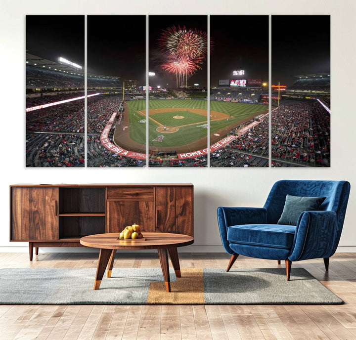 Fireworks at Angel Stadium – LA Angels Night Game Canvas Print, framed and ready to hang.